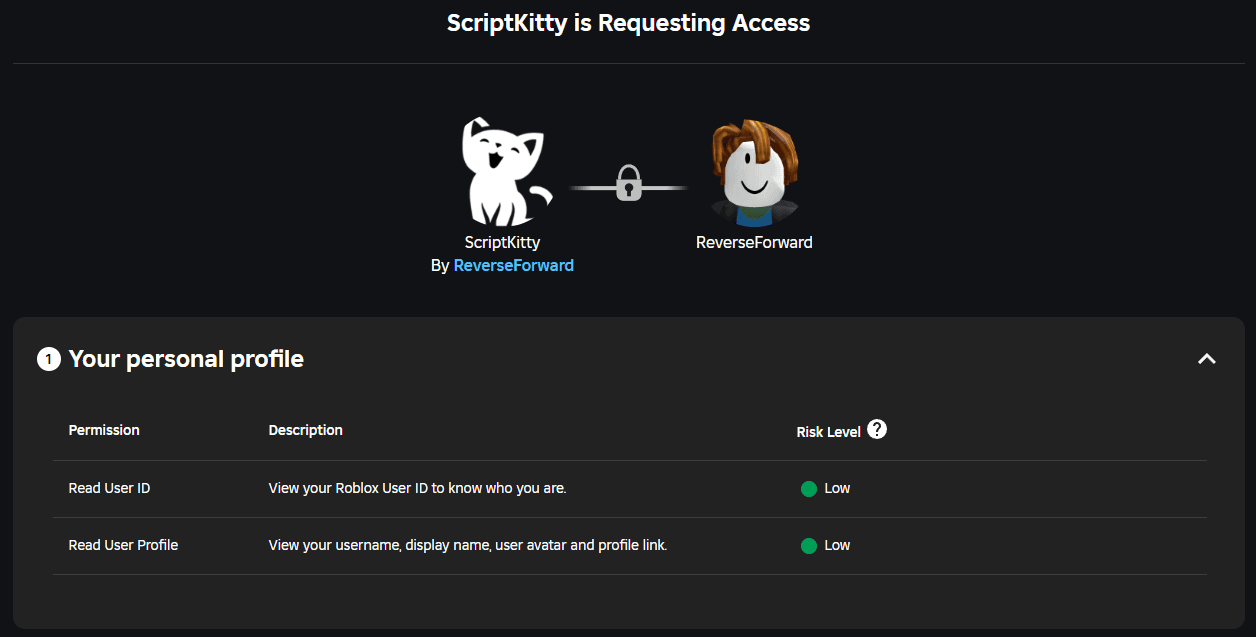Roblox authorization screen showing ScriptKitty permissions